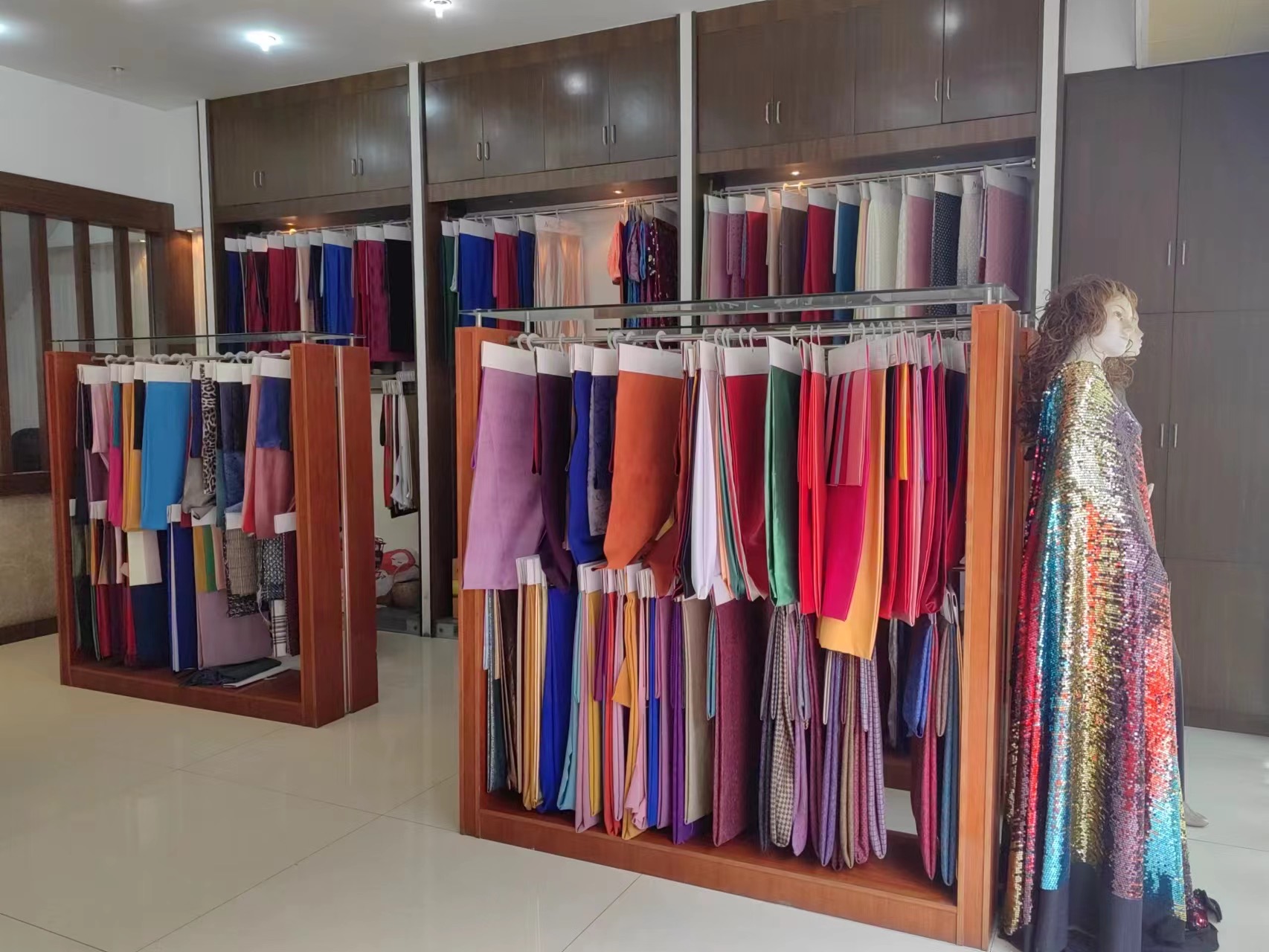 Luxury fabric display with organized samples